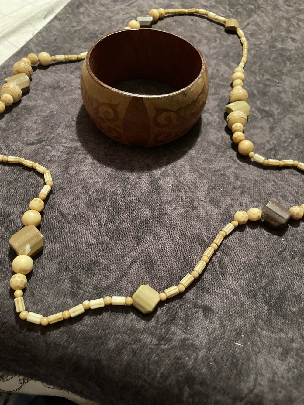 Bohemian Natural Beige Bead Necklace with Matching Wooden Bangle